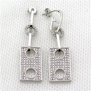 copper Stud Earring pave zircon rectangle platinum plated, approx 8mm, 12-20mm, 6-14mm