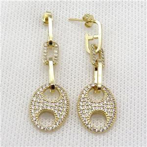 copper Stud Earring pave zircon pignose gold plated, approx 6-11mm, 14-20mm, 6-14mm