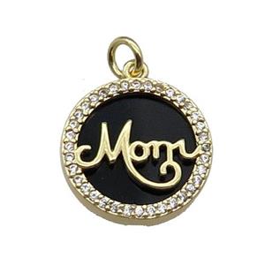 copper circle MOM pendant pave zircon black stone gold plated, approx 16mm dia