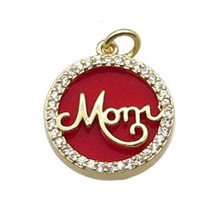 copper circle MOM pendant pave zircon red stone gold plated, approx 16mm dia