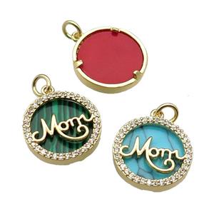 mix copper circle MOM pendant pave zircon gemstone gold plated, approx 16mm dia