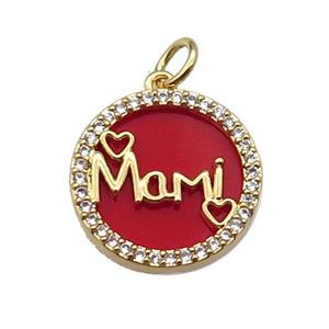 copper circle Mami pendant pave zircon red stone gold plated, approx 16mm dia