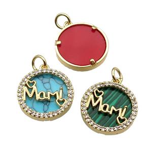 mix copper circle Mami pendant pave zircon gemstone gold plated, approx 16mm dia