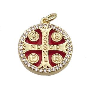 copper circle cross pendant pave zircon red stone Saint Benedict gold plated, approx 16mm dia