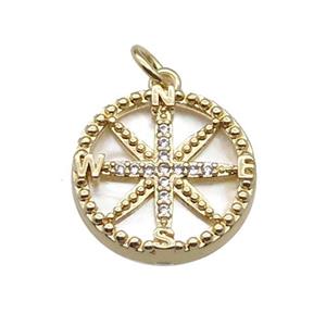 copper Compass pendant pave zircon shell gold plated, approx 16mm dia