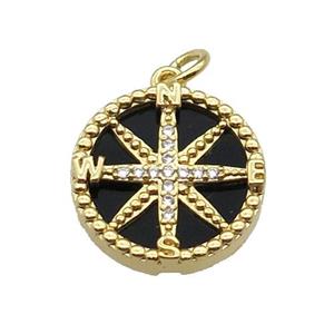 copper Compass pendant pave zircon black stone gold plated, approx 16mm dia