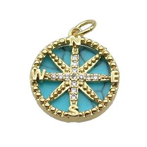 copper Compass pendant pave zircon turquoise gold plated, approx 16mm dia