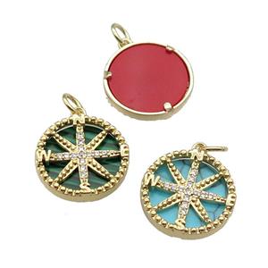 mix copper Compass pendant pave zircon gemstone gold plated, approx 16mm dia