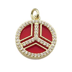 copper circle pendant pave zircon red stone gold plated, approx 16mm dia