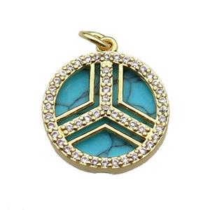 copper circle pendant pave zircon turquoise gold plated, approx 16mm dia