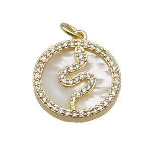 copper circle snake pendant pave zircon shell gold plated, approx 16mm dia
