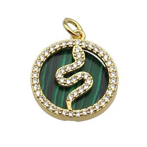 copper circle snake pendant pave zircon malachite gold plated, approx 16mm dia