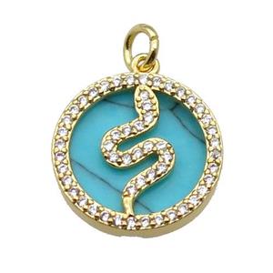 copper circle snake pendant pave zircon turquoise gold plated, approx 16mm dia