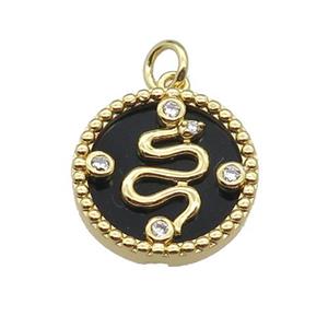 copper circle snake pendant pave zircon black stone gold plated, approx 16mm dia