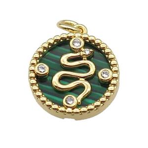 copper circle snake pendant pave zircon malachite gold plated, approx 16mm dia