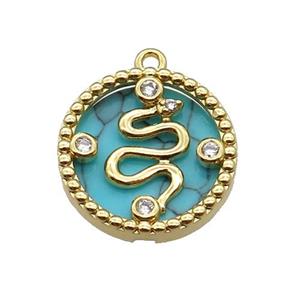 copper circle snake pendant pave zircon turquoise gold plated, approx 16mm dia