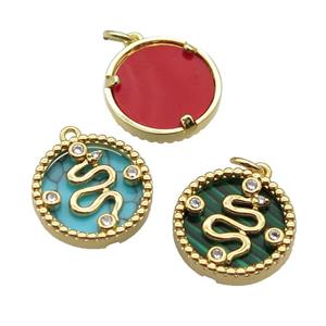 mix copper circle snake pendant pave zircon gemstone gold plated, approx 16mm dia