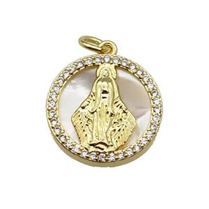 copper circle pendant pave zircon shell Virgin Mary gold plated, approx 16mm dia