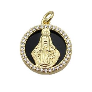 copper circle pendant pave zircon black stone Virgin Mary gold plated, approx 16mm dia