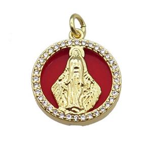 copper circle pendant pave zircon red stone Virgin Mary gold plated, approx 16mm dia