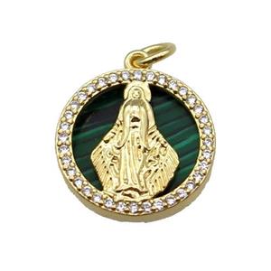 copper circle pendant pave zircon malachite Virgin Mary gold plated, approx 16mm dia