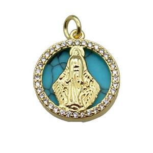 copper circle pendant pave zircon turquoise Virgin Mary gold plated, approx 16mm dia