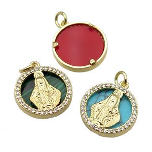 mix copper circle pendant pave zircon gems Virgin Mary gold plated, approx 16mm dia