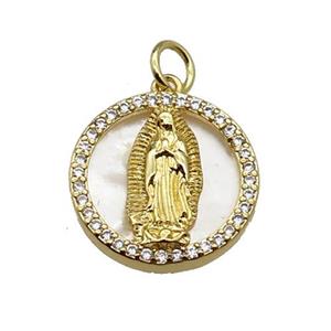 copper circle pendant pave zircon shell Jesus gold plated, approx 16mm dia
