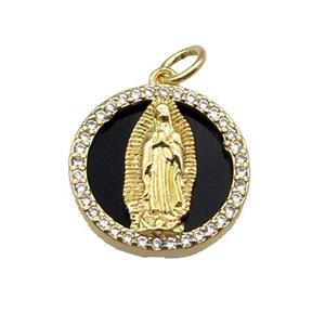 copper circle pendant pave zircon black stone Jesus gold plated, approx 16mm dia
