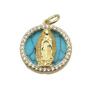copper circle pendant pave zircon turquoise Jesus gold plated, approx 16mm dia