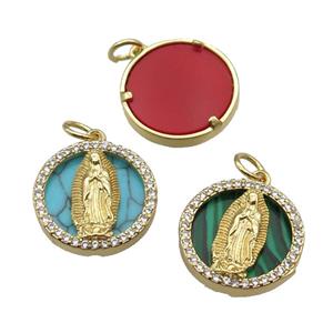 mix copper circle pendant pave zircon gemstone Jesus gold plated, approx 16mm dia