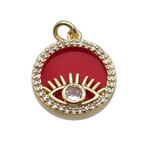 copper circle pendant pave zircon red stone Eye gold plated, approx 16mm dia