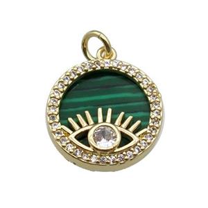 copper circle pendant pave zircon malachite Eye gold plated, approx 16mm dia