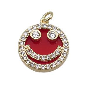 copper circle pendant pave zircon red stone Emoji gold plated, approx 16mm dia