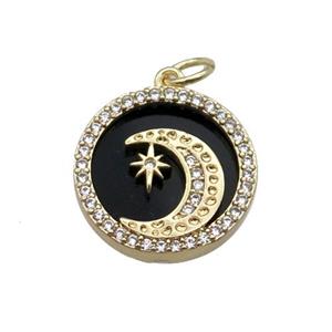 copper circle pendant pave zircon black stone Moon gold plated, approx 16mm dia