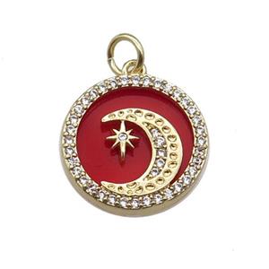 copper circle pendant pave zircon red stone Moon gold plated, approx 16mm dia