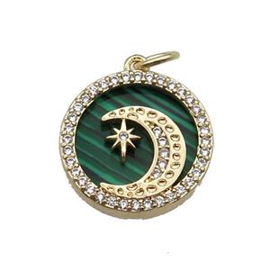copper circle pendant pave zircon malachite Moon gold plated, approx 16mm dia