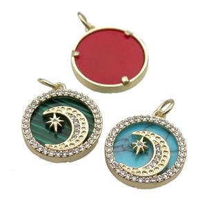 mix copper circle pendant pave zircon gemstone Moon gold plated, approx 16mm dia
