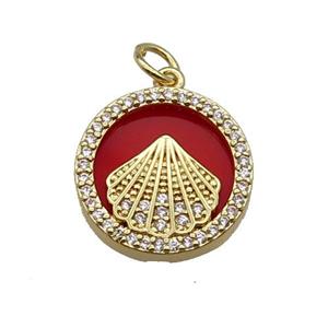 copper circle pendant pave zircon red stone Fan gold plated, approx 16mm dia