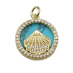 copper circle pendant pave zircon turquoise Fan gold plated, approx 16mm dia