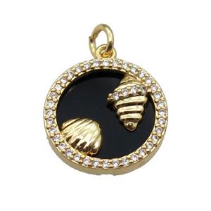 copper circle pendant pave zircon black stone Ocean gold plated, approx 16mm dia