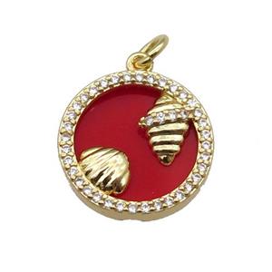 copper circle pendant pave zircon red stone Ocean gold plated, approx 16mm dia
