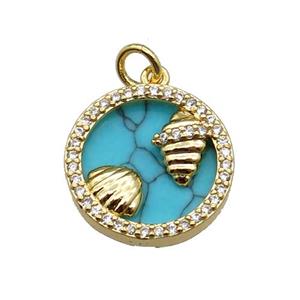 copper circle pendant pave zircon turquoise Ocean gold plated, approx 16mm dia