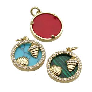 mix copper circle pendant pave zircon gemstone Ocean gold plated, approx 16mm dia
