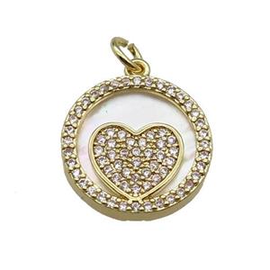 copper circle pendant pave zircon shell Heart gold plated, approx 16mm dia