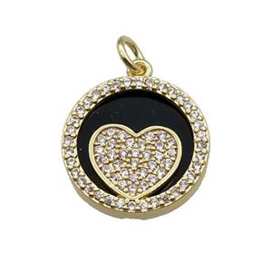 copper circle pendant pave zircon black stone Heart gold plated, approx 16mm dia