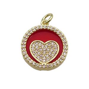 copper circle pendant pave zircon red stone Heart gold plated, approx 16mm dia