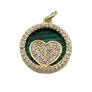 copper circle pendant pave zircon malachite Heart gold plated, approx 16mm dia