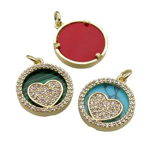 mix copper circle pendant pave zircon gemstone Heart gold plated, approx 16mm dia