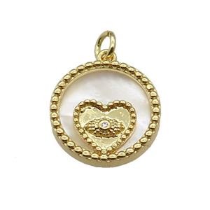 copper circle pendant pave zircon shell Heart gold plated, approx 16mm dia